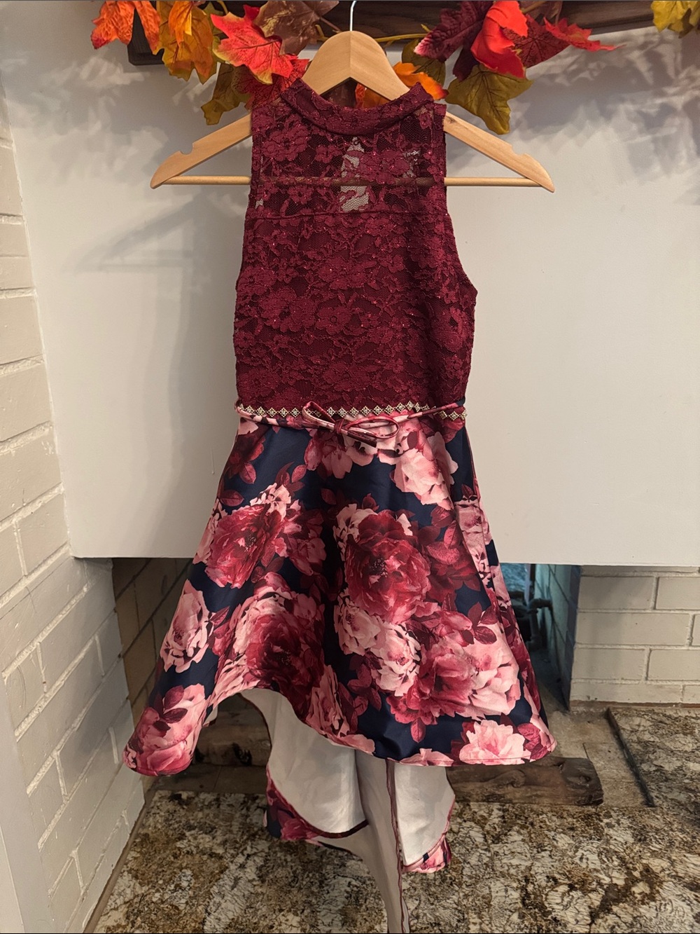 Speechless Burgundy Lace Bodice with Floral High-Low Skirt
